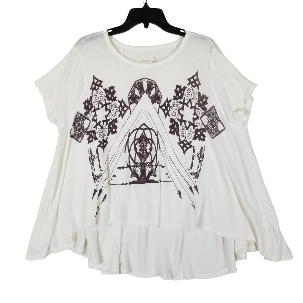 We The Free Graphic Tee Women XS/S White Linen Blend High Low Boho Top